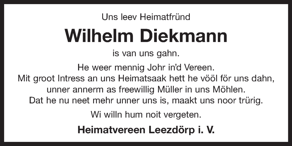  Traueranzeige für Wilhelm Diekmann vom 14.05.2022 aus 