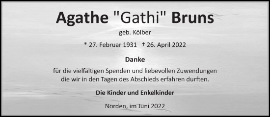 Traueranzeige von Agathe  Bruns 