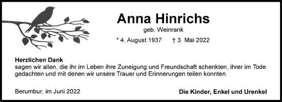 Traueranzeige von Anna Hinrichs 