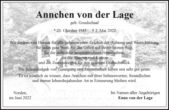 Traueranzeige von Annchen von der Lage 