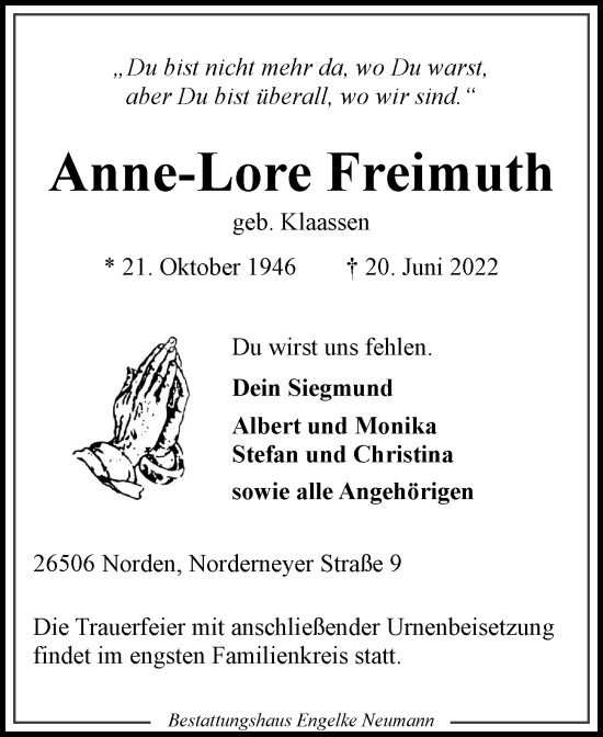 Traueranzeige von Anne-Lore Freimuth 
