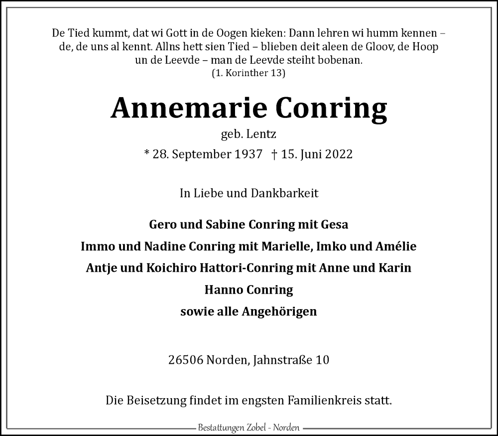  Traueranzeige für Annemarie Conring vom 18.06.2022 aus 
