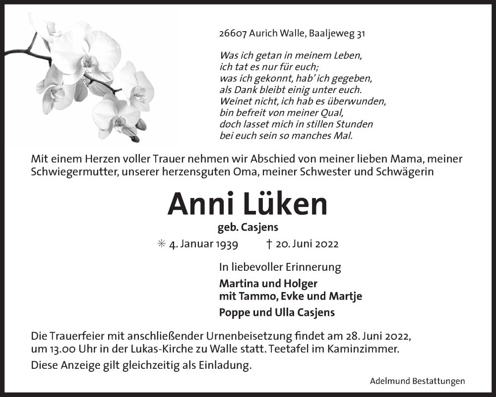  Traueranzeige für Anni Lüken vom 22.06.2022 aus 