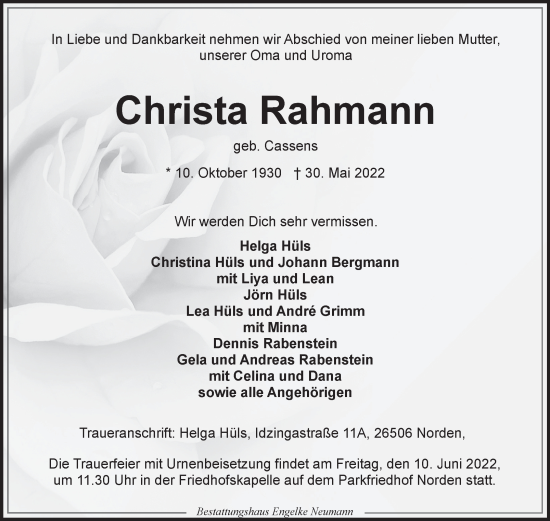 Traueranzeige von Christa Rahmann 
