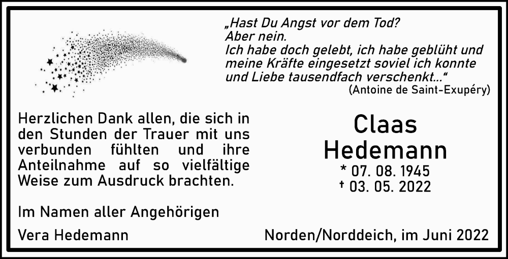  Traueranzeige für Claas Hedemann vom 18.06.2022 aus 