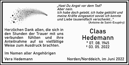 Traueranzeige von Claas Hedemann 