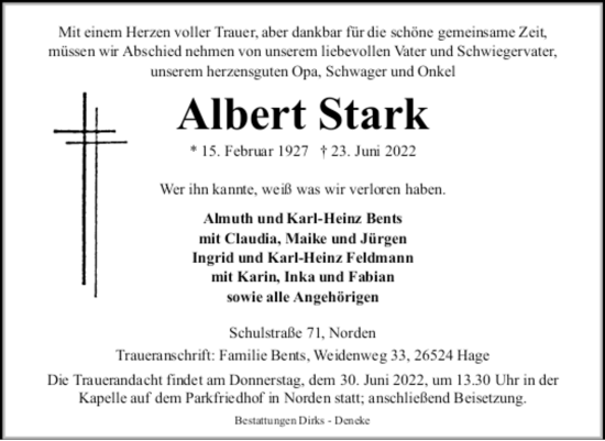 Traueranzeige von Albert Stark 