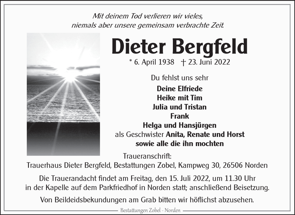  Traueranzeige für Dieter Bergfeld vom 25.06.2022 aus 