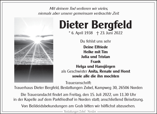 Traueranzeige von Dieter Bergfeld 