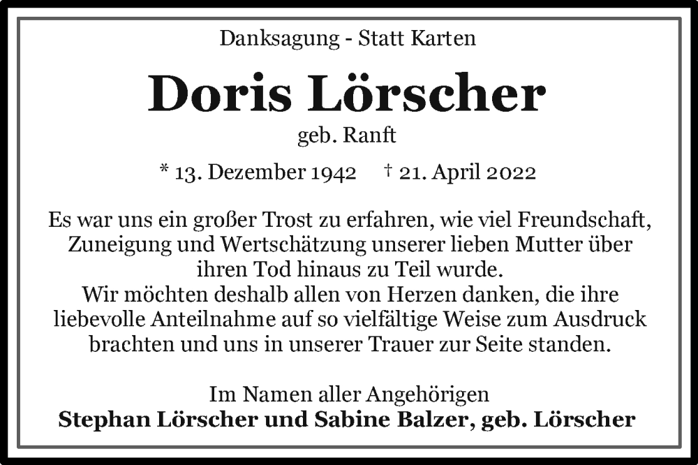  Traueranzeige für Doris Lörscher vom 11.06.2022 aus 