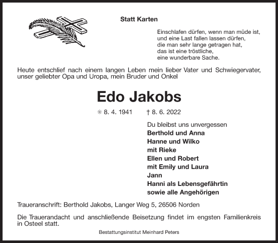 Traueranzeige von Edo Jakobs 