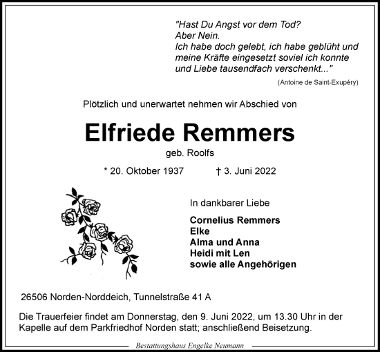 Traueranzeige von Elfriede Remmers 