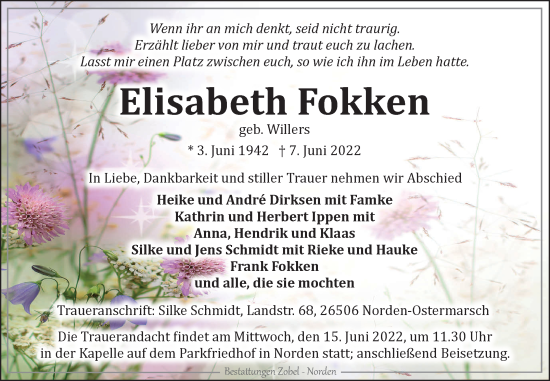Traueranzeige von Elisabeth Fokken 