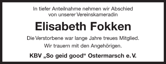 Traueranzeige von Elisabeth Fokken 