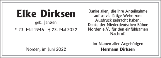 Traueranzeige von Elke Dirksen 