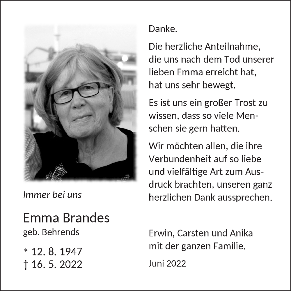  Traueranzeige für Emma Brandes vom 24.06.2022 aus 