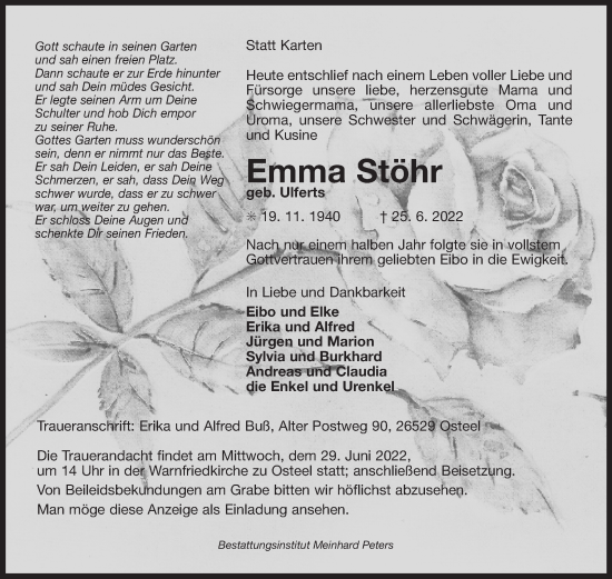 Traueranzeige von Emma Stöhr 