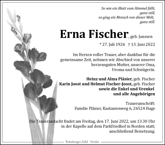 Traueranzeige von Erna Fischer 