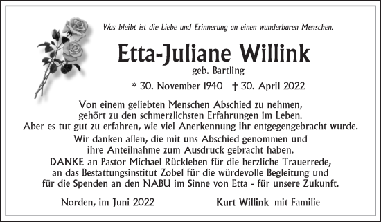 Traueranzeige von Etta-Juliane Willink 