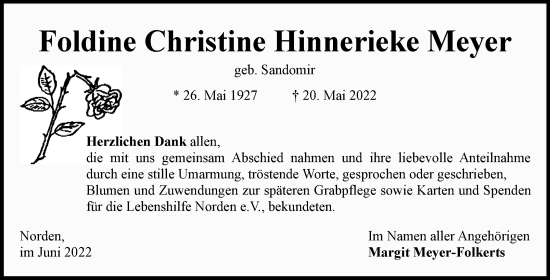 Traueranzeige von Foldine Christine Hinnerieke Meyer 