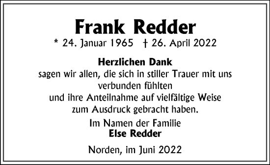 Traueranzeige von Frank Redder 