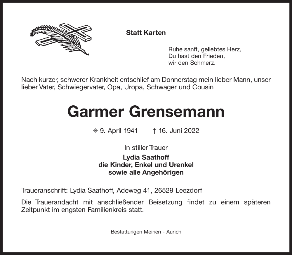  Traueranzeige für Garmer Grensemann vom 18.06.2022 aus 