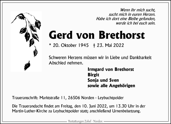 Traueranzeige von Gerd von Brethorst 