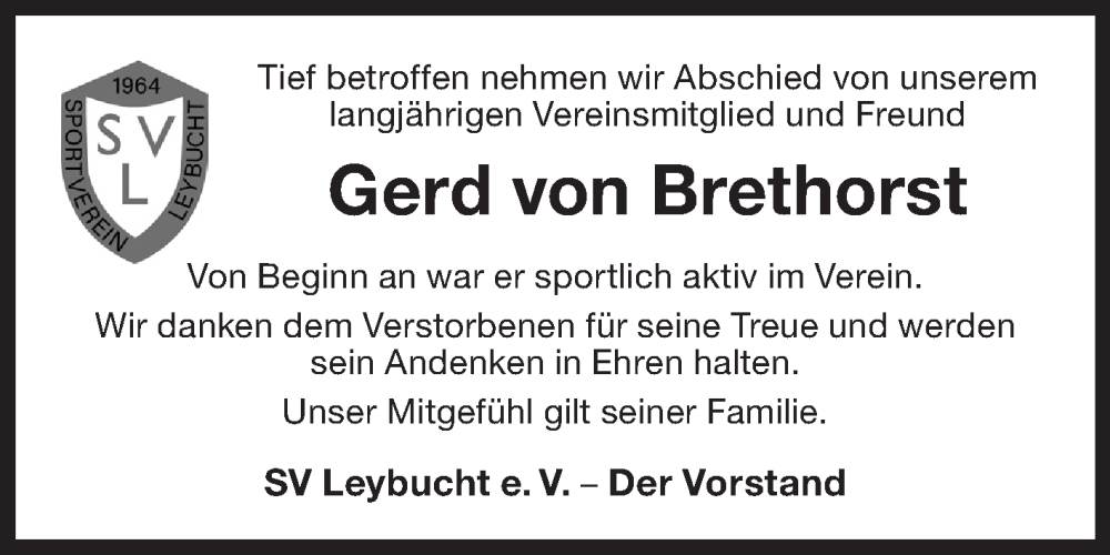  Traueranzeige für Gerd von Brethorst vom 04.06.2022 aus 