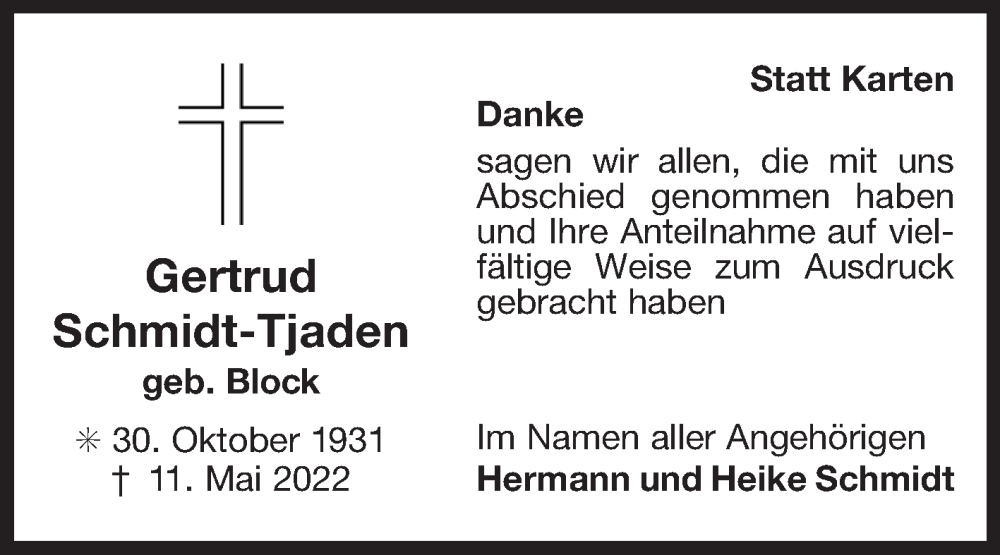  Traueranzeige für Gertrud Schmidt-Tjaden vom 11.06.2022 aus 