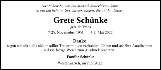 Traueranzeige von Grete Schünke 