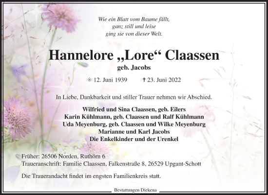 Traueranzeige von Hannelore Claassen 