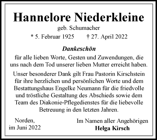 Traueranzeige von Hannelore Niederkleine 