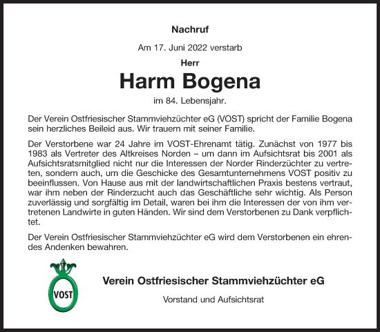 Traueranzeige von Harm Bogena 