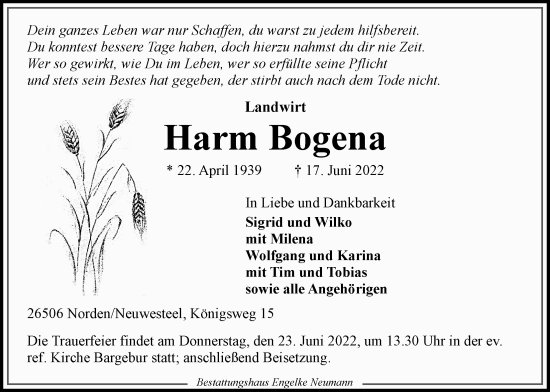 Traueranzeige von Harm Bogena 