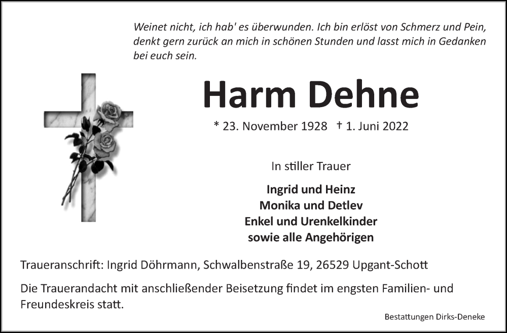  Traueranzeige für Harm Dehne vom 04.06.2022 aus 