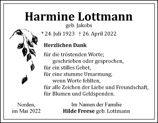 Traueranzeige von Harmine Lottmann 