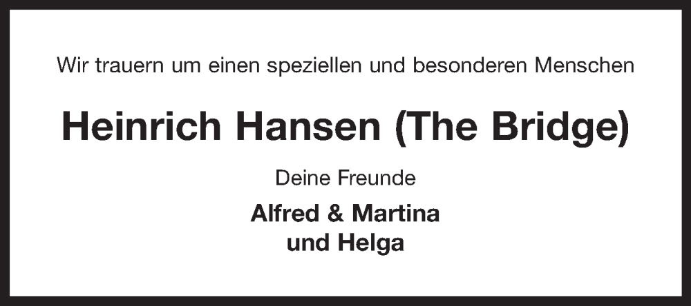  Traueranzeige für Heinrich Hansen vom 04.06.2022 aus 