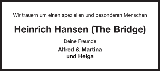 Traueranzeige von Heinrich Hansen 