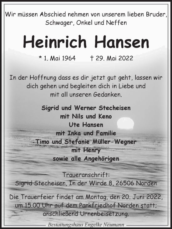 Traueranzeige von Heinrich Hansen 