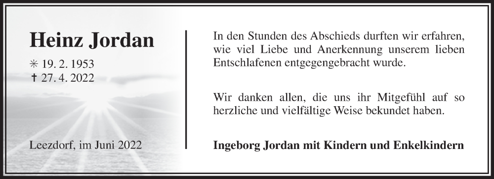  Traueranzeige für Heinz Jordan vom 04.06.2022 aus 