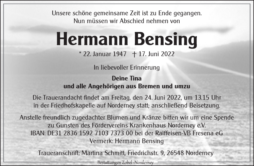  Traueranzeige für Hermann Bensing vom 21.06.2022 aus 