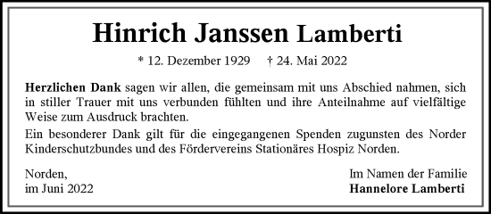 Traueranzeige von Hinrich Janssen Lamberti 