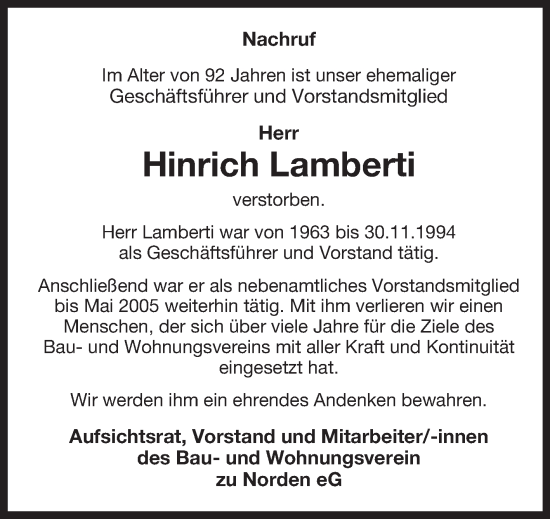 Traueranzeige von Hinrich Lamberti 
