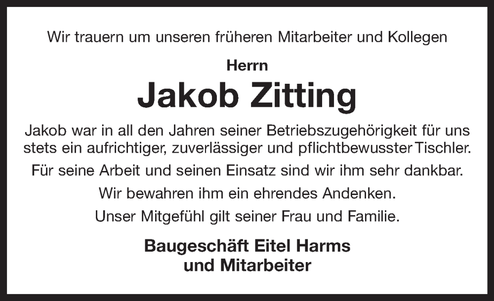  Traueranzeige für Jakob Zitting vom 22.06.2022 aus 