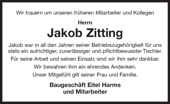 Traueranzeige von Jakob Zitting 