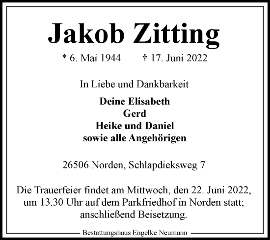 Traueranzeige von Jakob Zitting 