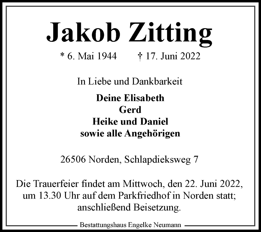  Traueranzeige für Jakob Zitting vom 18.06.2022 aus 