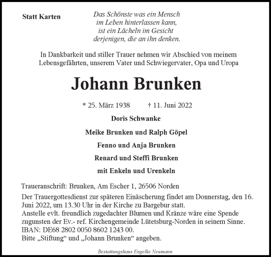 Traueranzeige von Johann Brunken 