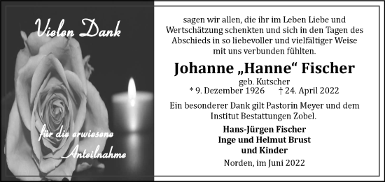 Traueranzeige von Johanne Fischer 