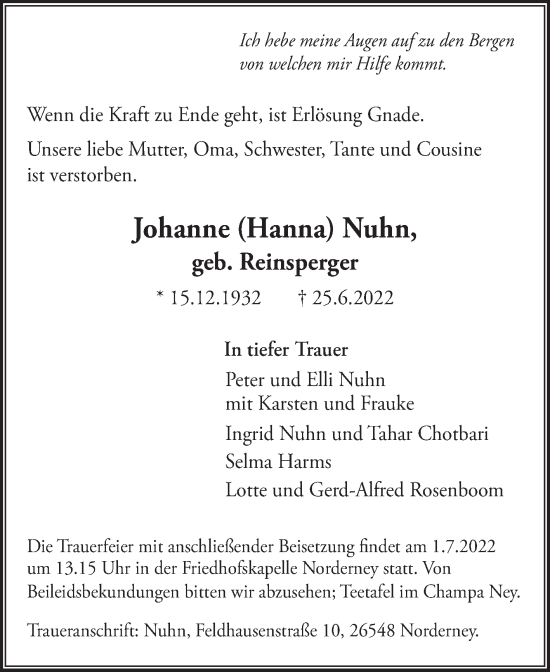 Traueranzeige von Johanne Nuhn 